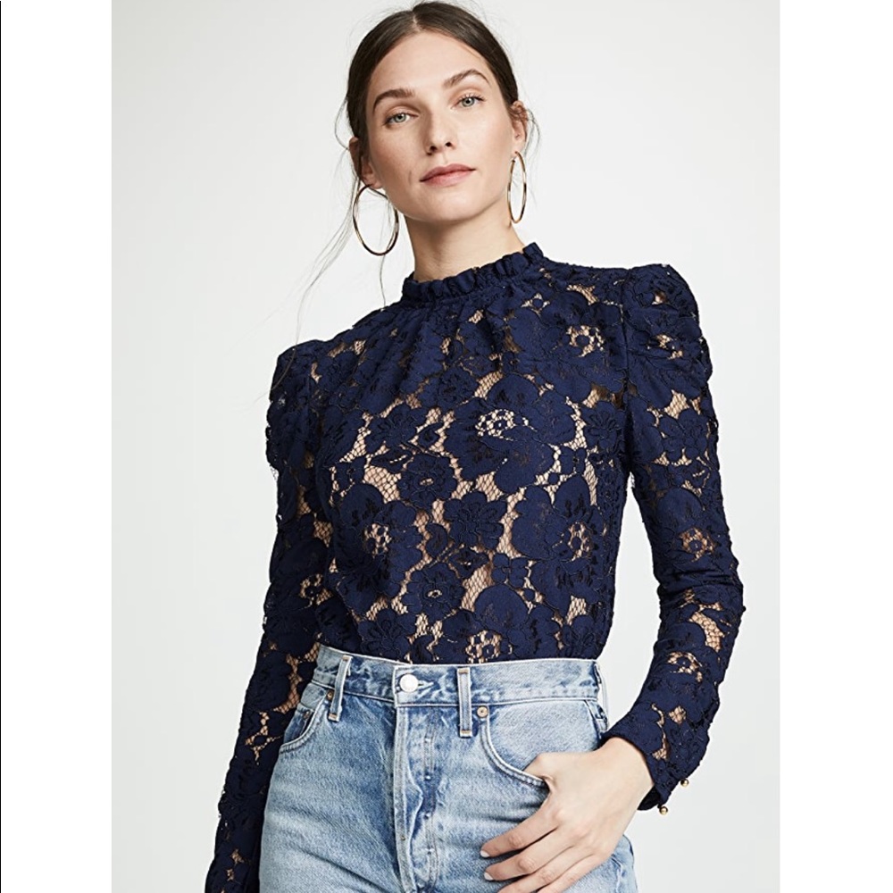 WAYF Emma Navy Lace Puff Sleeve Blouse M